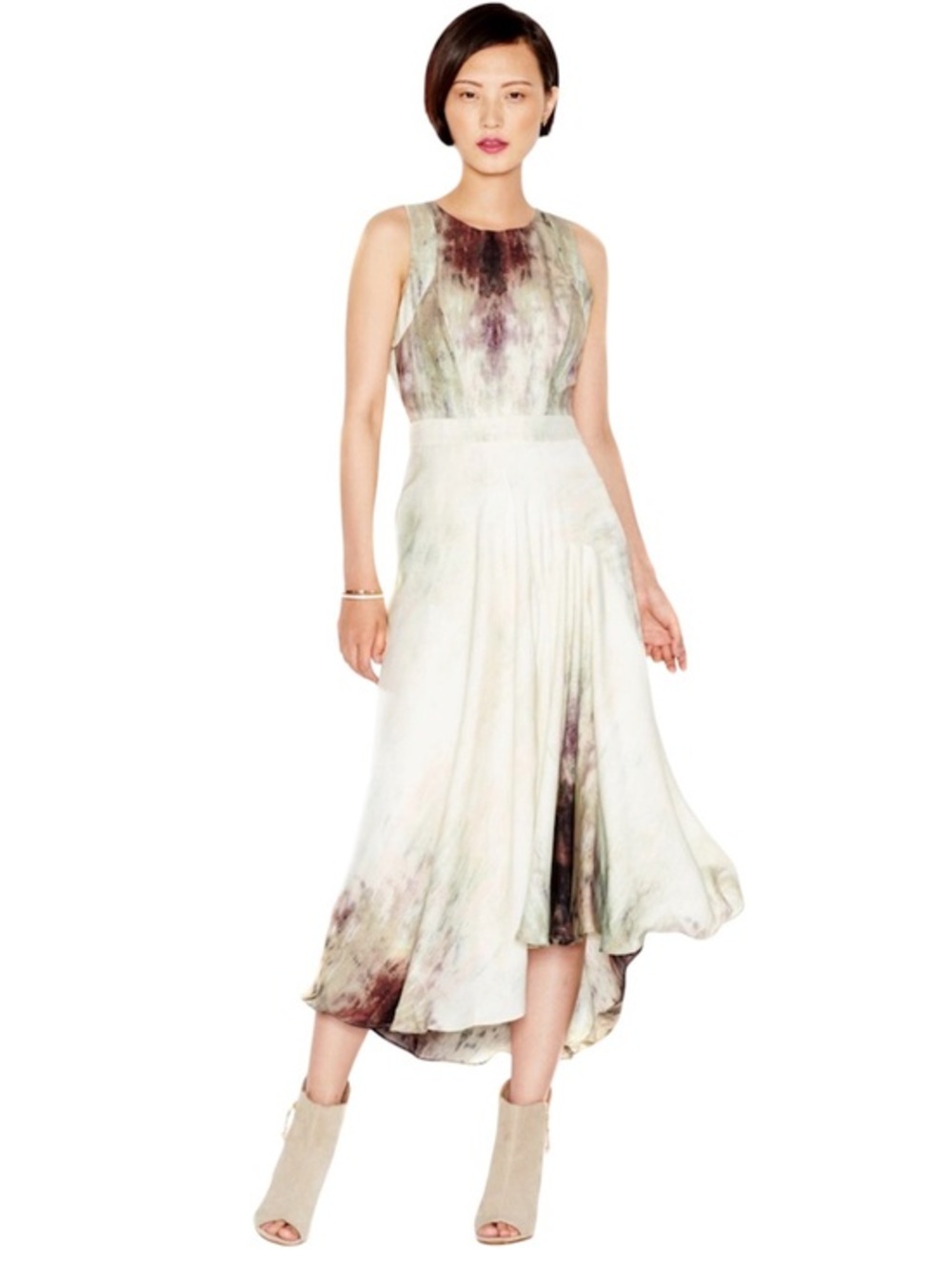 Rachael Roy Sleeveless Watercolor Muted Green Taupe Midi Dress w/pockets Size 2